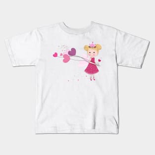 Fairy holding heart balloon. Banner style template design Kids T-Shirt